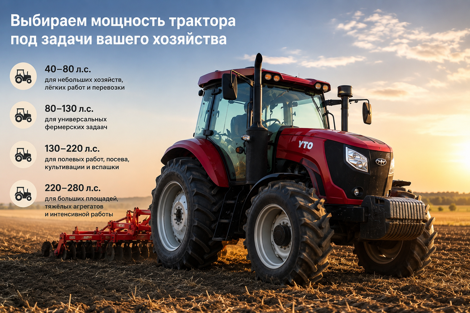 Какой мощности трактор нужен: 40, 80, 130, 220 или 280 л.с.